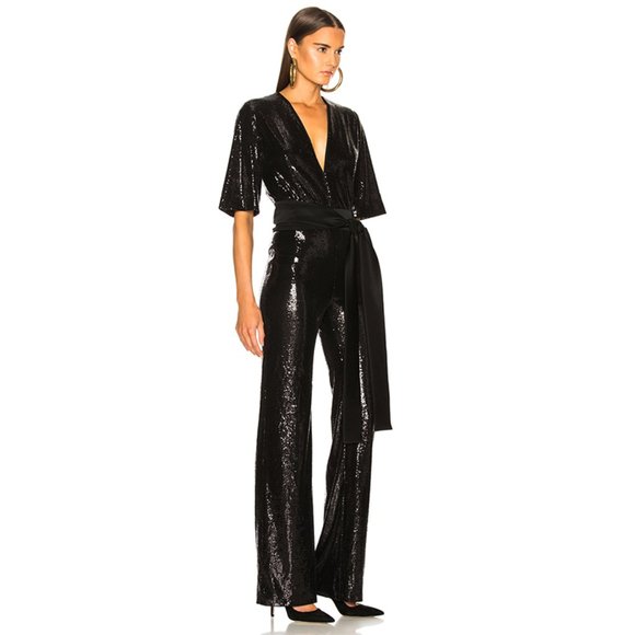 NEW Galvan Galaxy Sequin V-Neck Jumpsuit Black 6 - Picture 2 of 9
